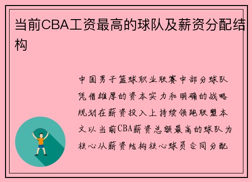 当前CBA工资最高的球队及薪资分配结构