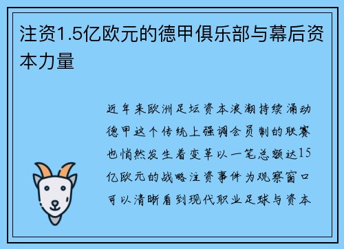 注资1.5亿欧元的德甲俱乐部与幕后资本力量
